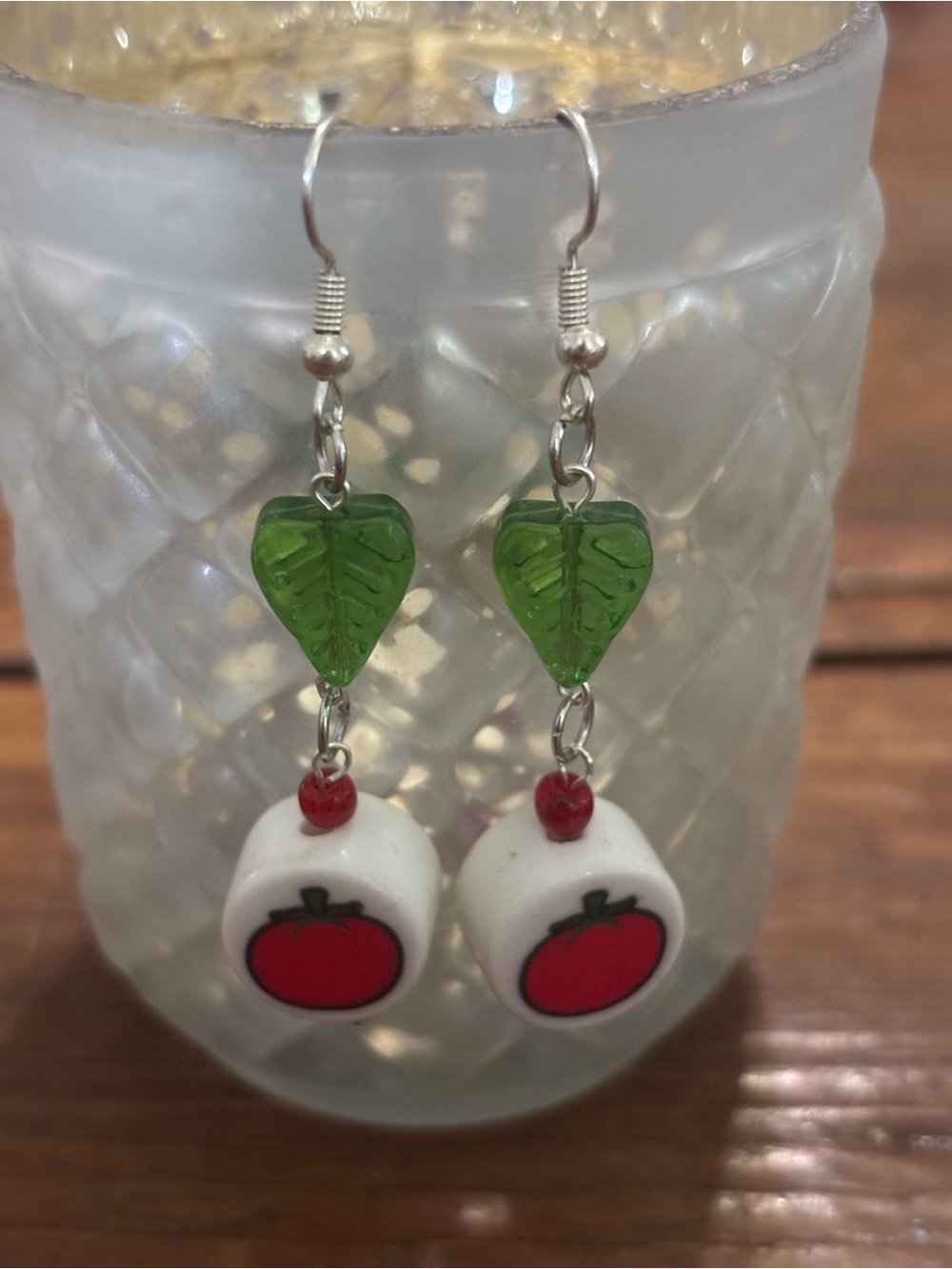 Handmade Green Leaf & Red Tomato Dangle Earrings